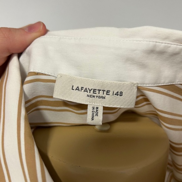 Lafayette 148 New York Tan White Striped Button Down Shirt Blouse M FAB#1Q57 - Picture 4 of 7